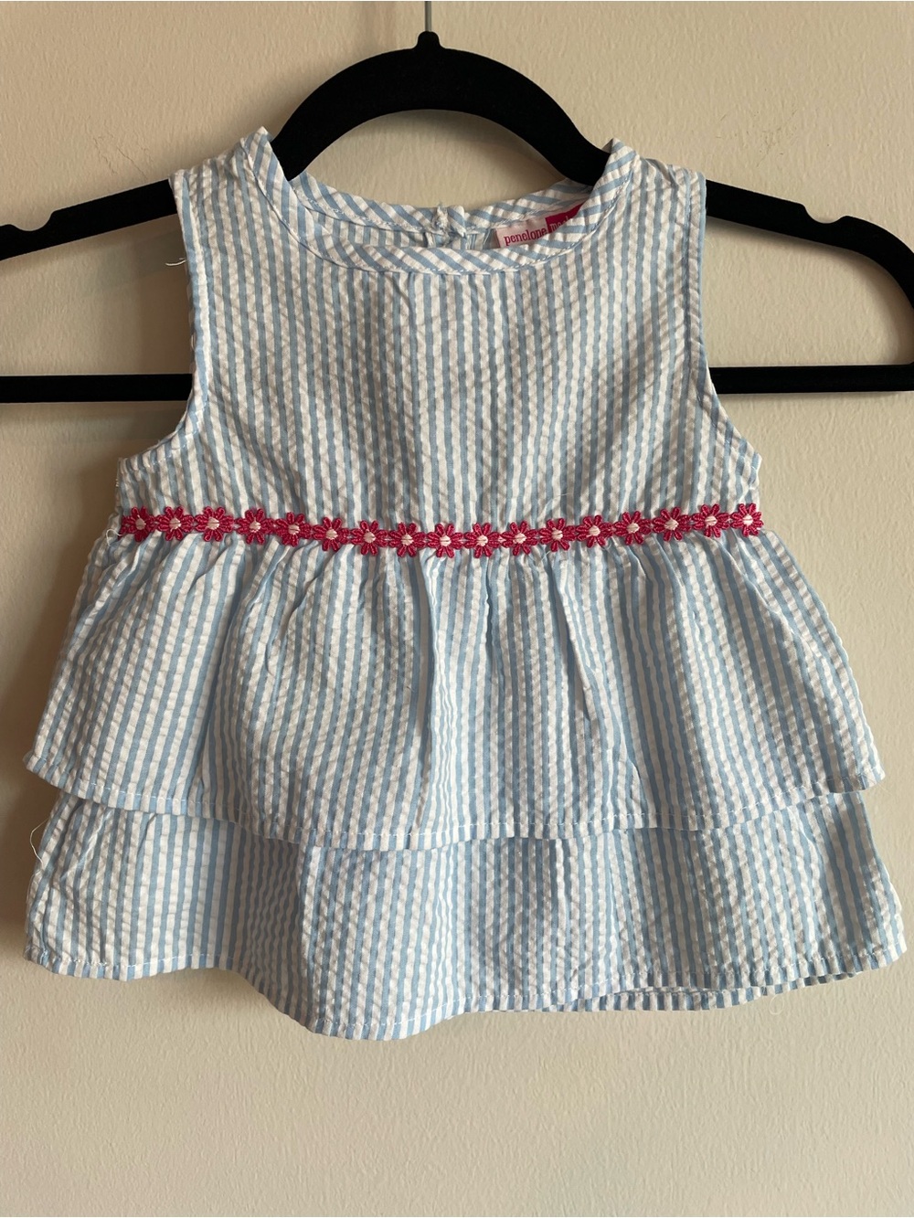 Penelope Mack blue white seersucker dress pink flowers preppy summer vacation 4